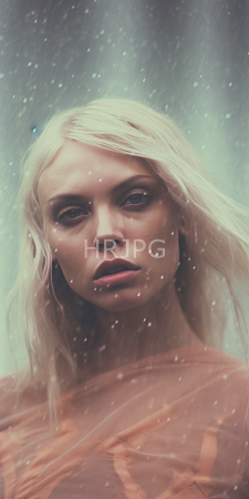 High Resolution: Ethereal blonde woman with fair skin and striking features in soft focus against a snowy background wearing sheer orange fabric download. | HRJPG.com