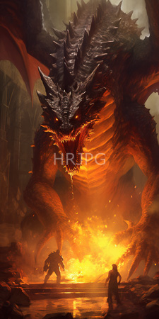High Resolution: Enormous dark-scaled dragon with glowing orange eyes and sharp teeth looming over two armored warriors standing in front of intense flames download. | HRJPG.com