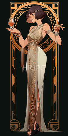 High Resolution: Elegant dark-haired woman in Art Deco style wearing a beige floor-length gown with intricate gold patterns and high slits download. | HRJPG.com