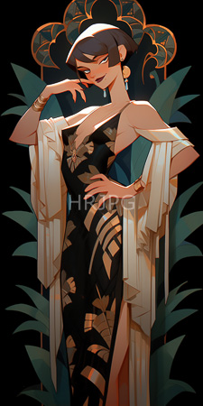 High Resolution: Elegant woman with short black hair wearing a revealing dark floral-patterned dress and white draped shawl download. | HRJPG.com