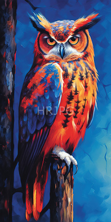 High Resolution: Vibrant owl perched on a tree branch against a blue background with abstract patterns and shadows download. | HRJPG.com