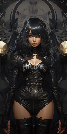 High Resolution: Attractive dark-haired woman with wavy hair and pale skin wearing black leather lingerie that accentuates her large breasts and curvy figure download. | HRJPG.com