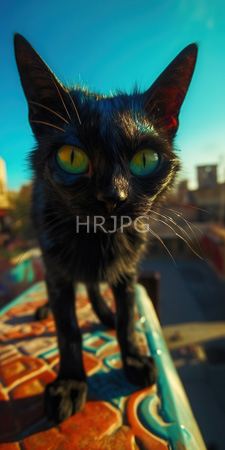 High Resolution: Alert black cat with striking yellow-green eyes standing on colorful patterned railings under bright blue sky download. | HRJPG.com