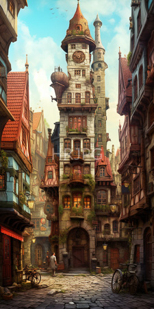High Resolution: Intricate medieval-style fantasy town square featuring tall buildings with red-tiled roofs and ornate stone facades adorned in moss greenery download. | HRJPG.com