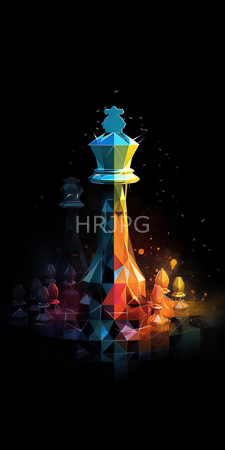 High Resolution: Illuminated chess king standing tall with geometric facets in vibrant blue and yellow hues against black background download. | HRJPG.com