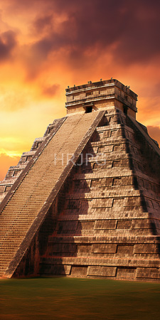 High Resolution: Chichén Itzá's Pyramid El Castillo (Temple) at sunset with an orange and purple sky backdrop download. | HRJPG.com