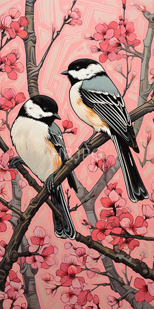 High Resolution: Two black-capped chickadees perched on branches adorned with pink cherry blossoms against an intricate patterned background download. | HRJPG.com
