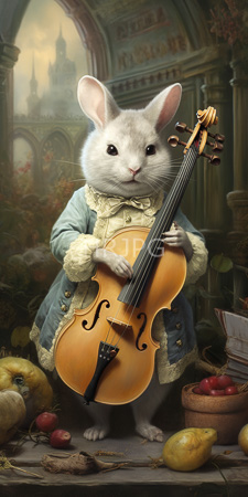 High Resolution: Anthropomorphic white rabbit in elaborate vintage blue and cream clothing playing violin with delicate paws download. | HRJPG.com