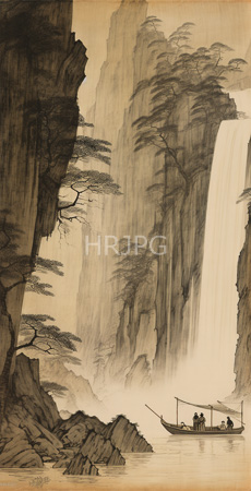 High Resolution: Two people in a small boat at the base of towering misty cliffs with a large waterfall cascading down download. | HRJPG.com