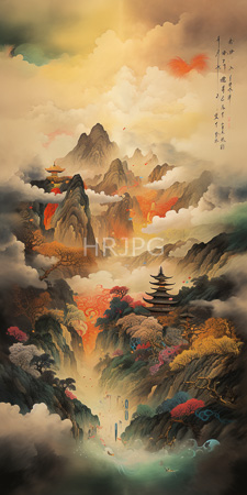 High Resolution: Ethereal mountainous landscape with towering peaks shrouded in mist and clouds under a golden sunset sky download. | HRJPG.com