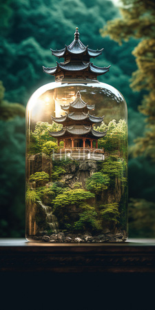 High Resolution: Intricate miniature Japanese pagoda with multiple tiered roofs and red wooden details inside clear glass dome on dark wood surface download. | HRJPG.com