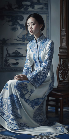 High Resolution: East Asian woman with fair skin and dark hair in traditional blue-and-white Chinese silk dress seated on wooden chair download. | HRJPG.com