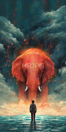 High Resolution: Enormous fiery-red elephant with large tusks standing in misty clouds above calm water download. | HRJPG.com