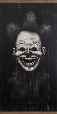 High Resolution: Dark monochromatic chalk drawing depicts an eerie clown face with exaggerated features—large eyes closed in sinister delight and wide grin showing sharp teeth download. | HRJPG.com