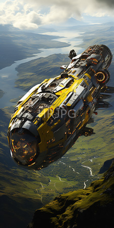 High Resolution: Advanced futuristic spacecraft with yellow and black metallic panels flying over lush green landscapes below download. | HRJPG.com