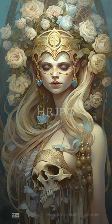 High Resolution: Ethereal fair-skinned woman with long blonde hair adorned in golden floral headgear and intricate jewelry featuring blue gemstones download. | HRJPG.com