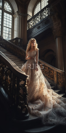 High Resolution: Elegant blonde woman with wavy hair wearing a full-length floral lace gown and standing on ornate wooden stairs download. | HRJPG.com