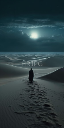 High Resolution: Solitary figure in dark flowing robe standing on rippled sand dunes under moonlit night sky download. | HRJPG.com