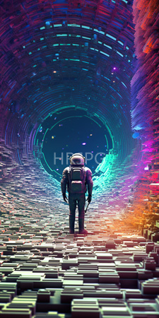 High Resolution: Astronaut standing at the center of a futuristic tunnel-like structure with vibrant neon colors (purples and blues) download. | HRJPG.com