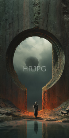 High Resolution: Eerie rocky tunnel with large circular opening revealing dark sky and floating planetoid download. | HRJPG.com
