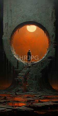 High Resolution: Eerie sci-fi scene with dark textures and vibrant colors showing silhouetted figure standing at top of cracked stone staircase download. | HRJPG.com