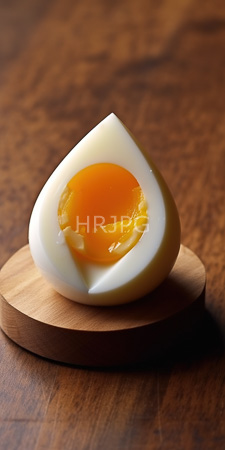 High Resolution: Egg half with its bright yellow yolk centered resting on a round wooden plate against a dark brown wood-grain background download. | HRJPG.com