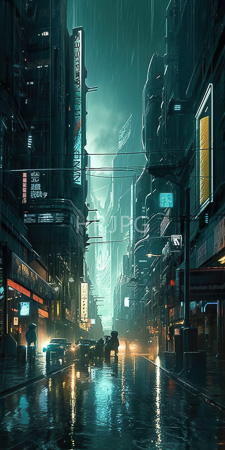 High Resolution: Rainy neon-lit urban street at night in cyberpunk style download. | HRJPG.com
