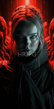 High Resolution: Intense pale-skinned woman with braided blonde hair and piercing blue eyes under dramatic red lighting download. | HRJPG.com