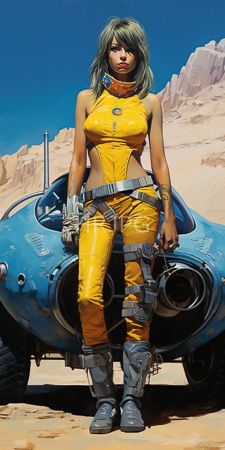 High Resolution: Attractive slim woman with light brown skin and greenish-blonde hair in yellow futuristic bodysuit standing before blue sci-fi vehicle on desert terrain download. | HRJPG.com