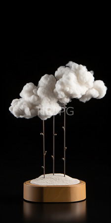 High Resolution: Artistic sculpture featuring two fluffy white cotton clouds on slender brown branches standing over sandy terrain download. | HRJPG.com