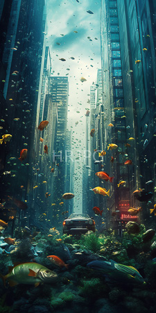 High Resolution: Underwater cityscape with tall modern skyscrapers surrounded by colorful fish of various sizes and species swimming in mid-air above them download. | HRJPG.com