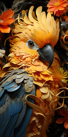 High Resolution: Intricately detailed vibrant orange and yellow macaw with blue feathers surrounded by vivid red flowers against dark background download. | HRJPG.com