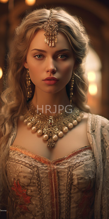 High Resolution: Ethereal blonde woman with wavy hair and fair skin wearing ornate gold jewelry including earrings necklace headpiece download. | HRJPG.com