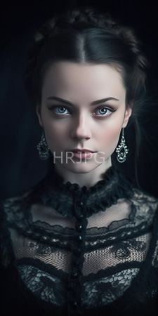 High Resolution: Ethereal pale-skinned woman with striking blue eyes and dark brown hair styled in intricate braids against a black background download. | HRJPG.com