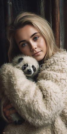 High Resolution: Attractive young woman with blonde hair fair skin and blue eyes holding a small fluffy panda bear in her arms against dark curtains download. | HRJPG.com