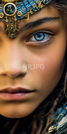 High Resolution: Asian woman with tan skin striking blue eyes adorned by intricate gold and turquoise jewelry on her forehead download. | HRJPG.com
