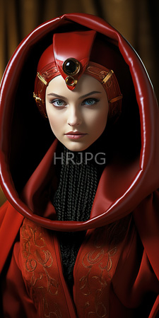 High Resolution: Asian woman with fair skin and blue eyes wearing elaborate red medieval-style headgear featuring intricate gold patterns download. | HRJPG.com
