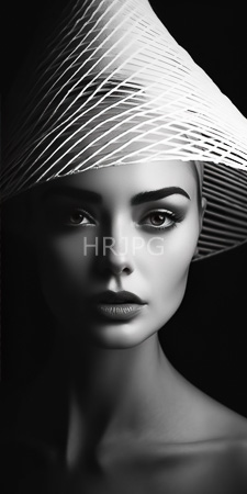 High Resolution: Black-and-white photograph of an ethereal fair-skinned woman with striking features and intense gaze wearing a futuristic white hat download. | HRJPG.com