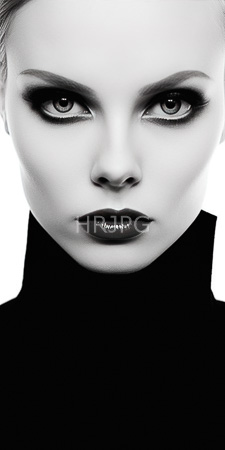 High Resolution: Black-and-white photograph of an intense close-up portrait featuring a pale-skinned woman with striking dark eyes and bold black eyeliner download. | HRJPG.com