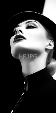 High Resolution: Black-and-white photograph of an elegant woman with closed eyes wearing dark lipstick and black top under a wide-brimmed hat download. | HRJPG.com