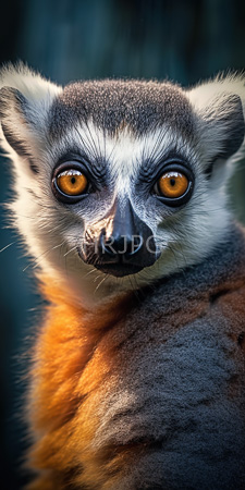 High Resolution: Indri lemur with striking orange eyes black nose ring-like marking on its face and white facial stripes contrasting against grey fur download. | HRJPG.com