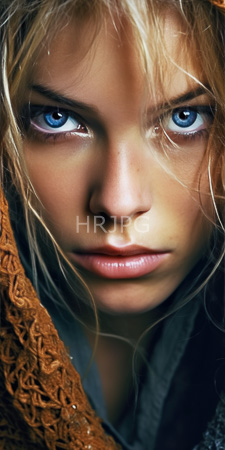 High Resolution: Intense close-up portrait featuring a young woman with striking blue eyes and light blonde hair partially covered by a textured brown knitted hood download. | HRJPG.com