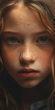 High Resolution: Young girl with fair skin blue eyes and light brown wavy hair; her face is close-up showing droplets on forehead download. | HRJPG.com