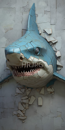 High Resolution: Intricately detailed three-dimensional shark sculpture mounted on a textured gray wall with cracked plaster effects around it download. | HRJPG.com