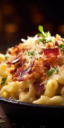High Resolution: Creamy baked macaroni and cheese topped with crispy bacon melted cheddar shreds fresh parsley leaves in an iron skillet download. | HRJPG.com