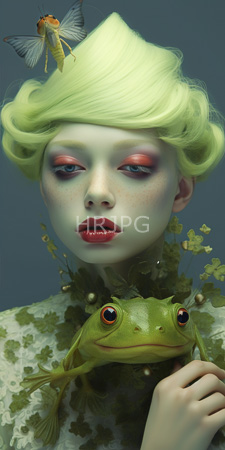 High Resolution: Ethereal pale-skinned woman with bright red lipstick and pink eyeshadow wearing flowing green foliage around her neck download. | HRJPG.com