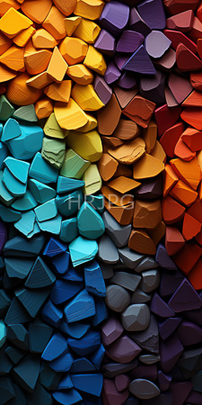 High Resolution: Abstract colorful mosaic composed entirely of irregular polygonal pieces in vibrant hues including yellow-orange at top left transitioning to purple and red on right side download. | HRJPG.com
