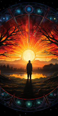 High Resolution: Individual in silhouette standing at sunset facing radiant sun with rays extending upwards and outwards against vibrant orange-red sky download. | HRJPG.com