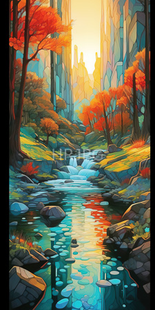 High Resolution: Enchanting mountain landscape at sunset featuring vibrant autumn trees with red and orange leaves along both sides of a clear stream reflecting their colors download. | HRJPG.com