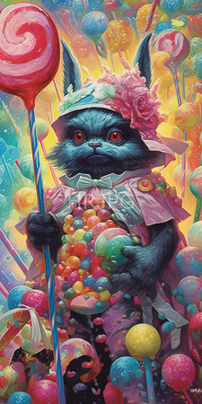 High Resolution: Anthropomorphic dark blue-furred cat with red eyes wearing Victorian-style clothing adorned in pastel colors and flowers download. | HRJPG.com